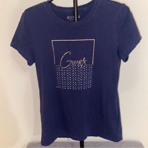 GUESS Women's Dark Blue Graphic Tee With Rhinestones Size Large